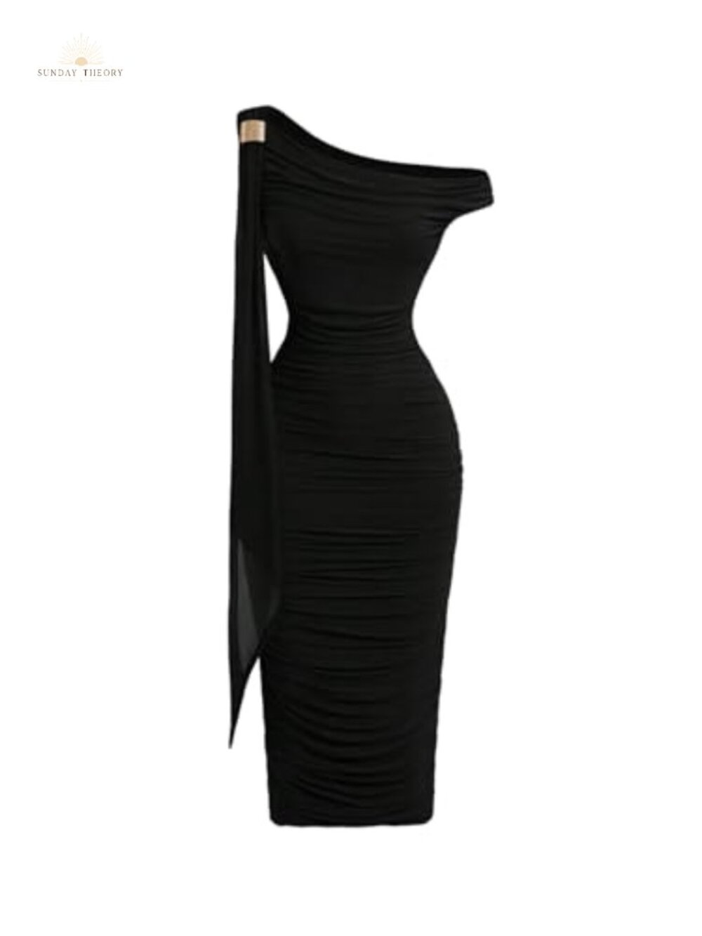 Off Shoulder Sleeveless Ruched Bodycon Midi Dress Metal Decor Party
